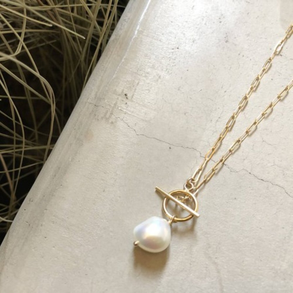 Gold Pearl Drop Necklace with Toggle Clasp
